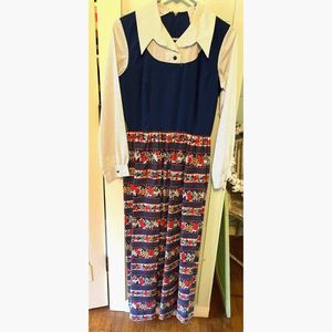 Vintage Long Dress Fit Flare Long Sleeve Size 10 Blue Polka Dot & Floral Prarie